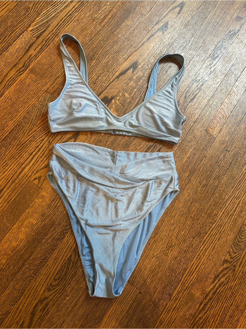 Aerie Blue Ribbed Shimmer Swimsuit high cut cheeky SET - Picture 1 of 4